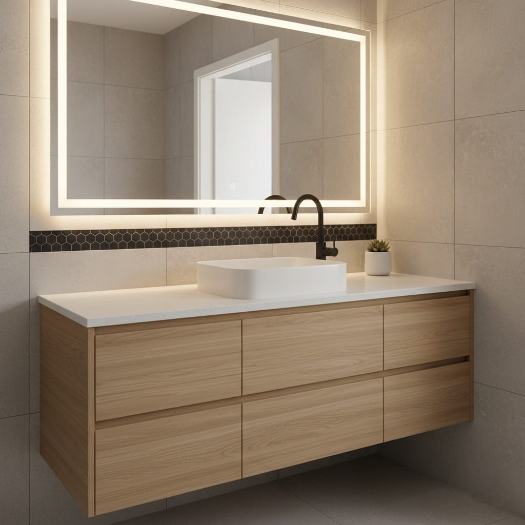 Mueble de baño moderno en madera clara, reforma integral realizada en Madrid por Arquitectura y Conexión